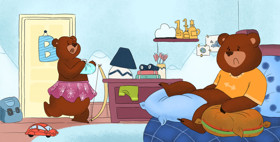 Illustration of Momma bear in pink skirt brings ice pack to baby bear with hurt leg in blue boy's bed. Room has bow, trophies, red car, blue carpet, and baby bear's backpack.