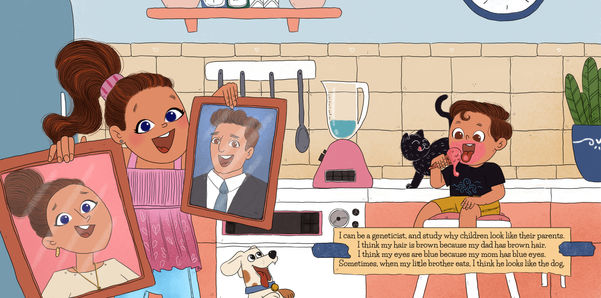 Illustration: A little girl and her brother discuss DNA in the kitchen. Colorful artwork by the illustrator.