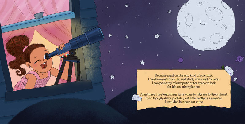 A vibrant illustration in a children's book shows a little girl peering through a telescope at the moon.