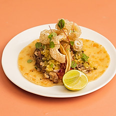 Pork Chicharrones, crispy pork skin, pico de gallo, salsa verde