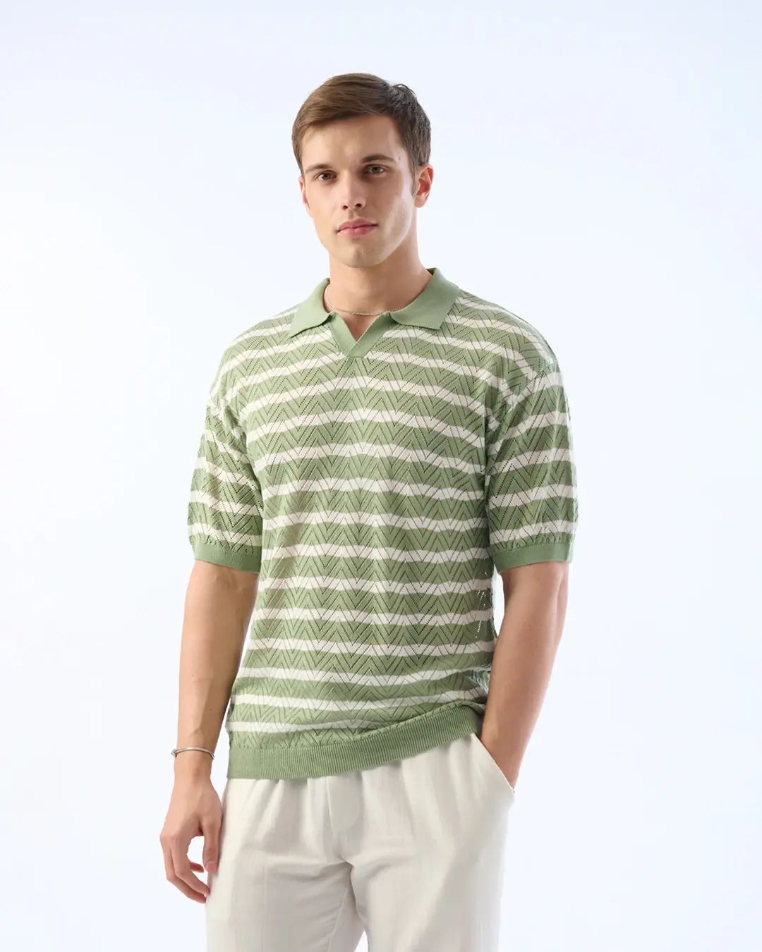 Oversize Kesim, Çizgi Desenli, Örme Delikli Triko