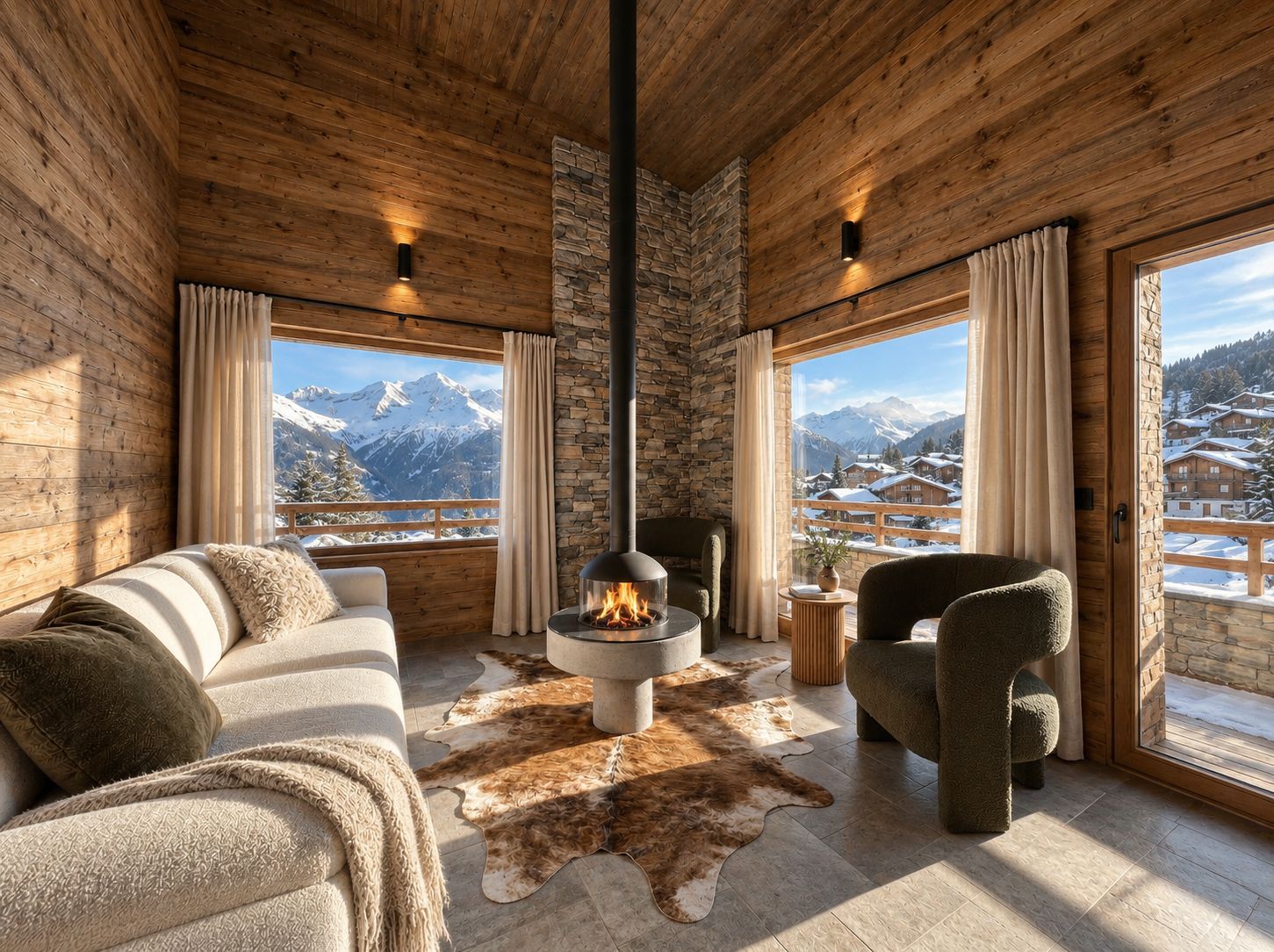 Perspective 3D d'un séjour de chalet à Méribel, cheminée et vue sur les sommets