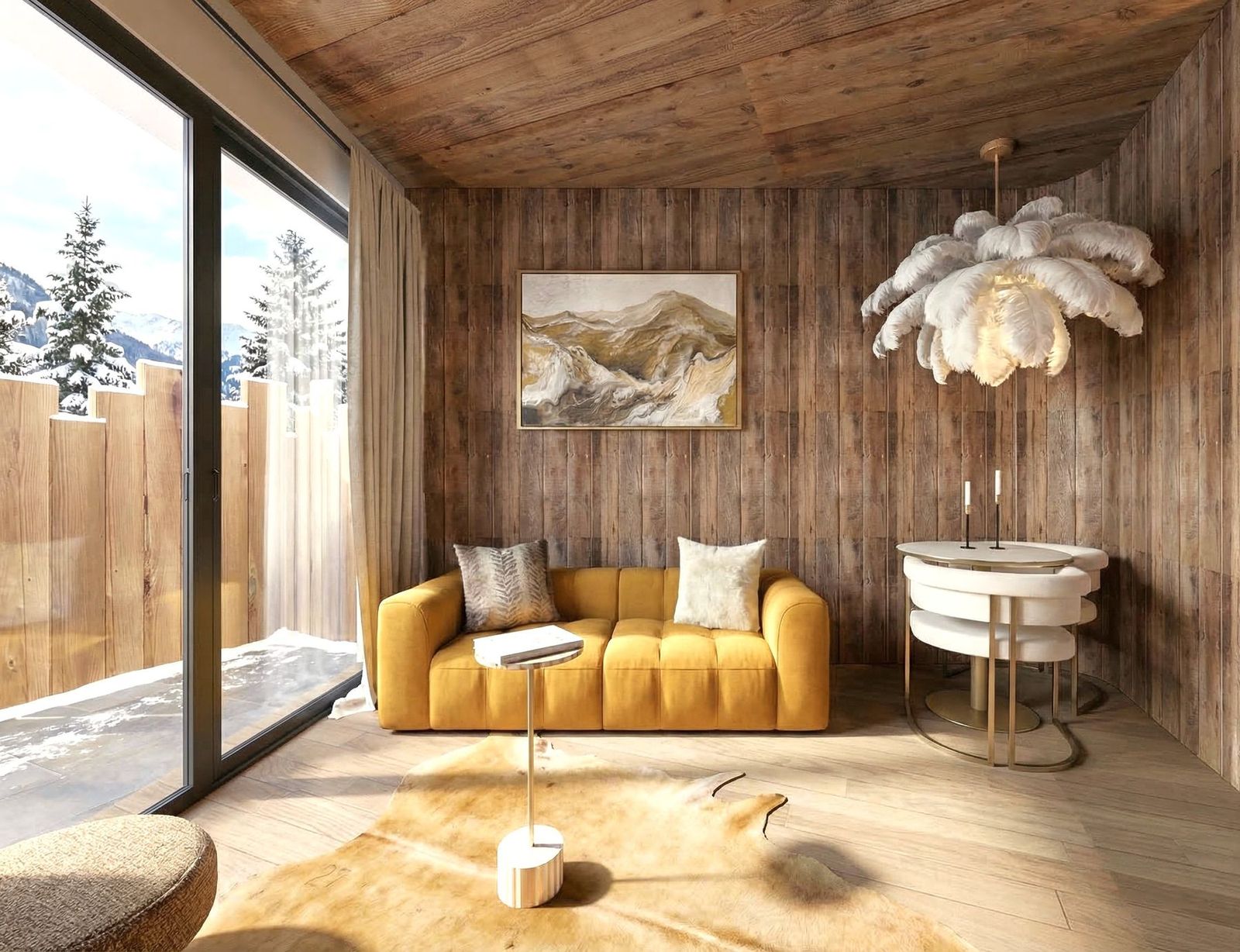 Séjour de chalet, velours moutarde