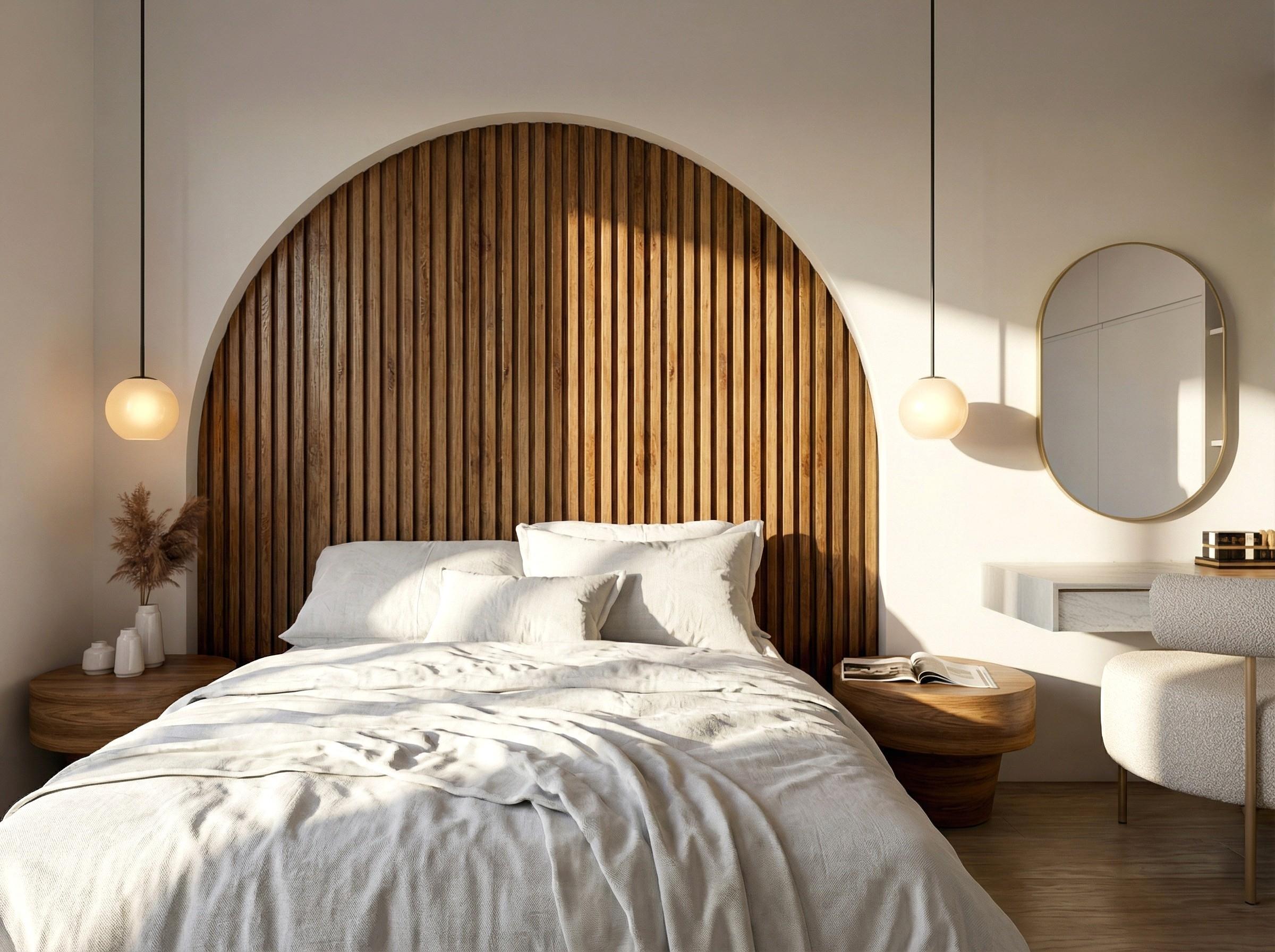 Perspective 3D atmos. : chambre avec tête de lit en arche