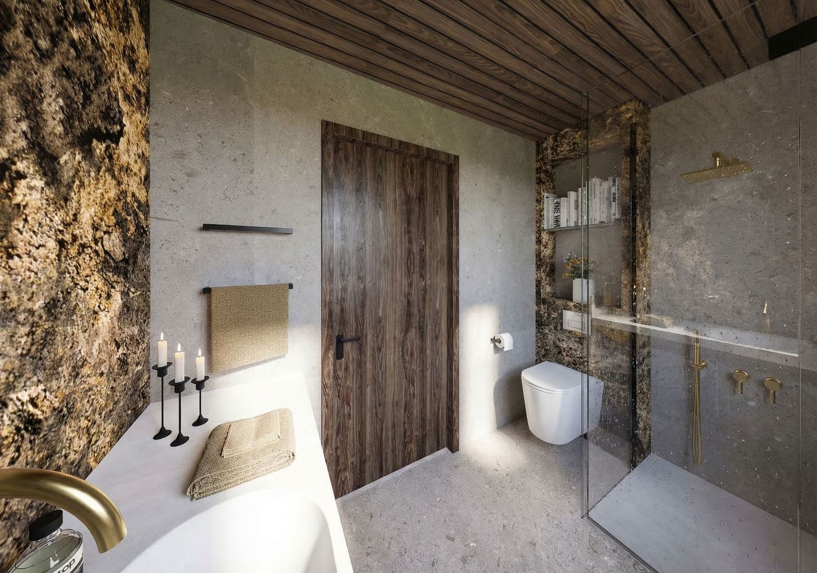 Salle de bains de chalet en onyx doré et bois