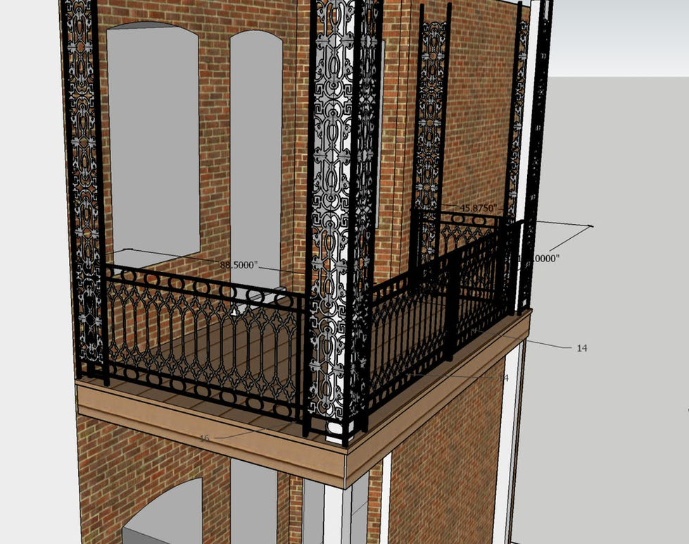 Architectural rendering of a brick building with balcony.