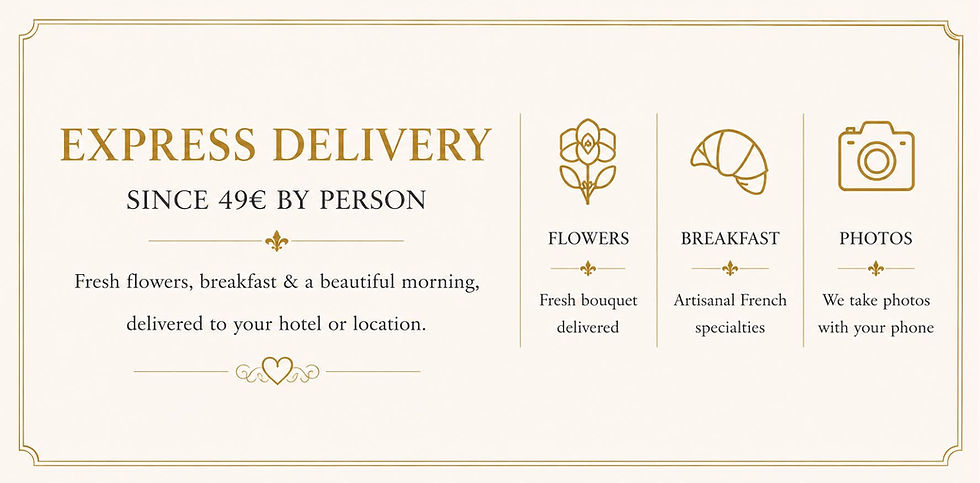 Express delivery starting at 49€ per person for flowers, breakfast, and photos.
