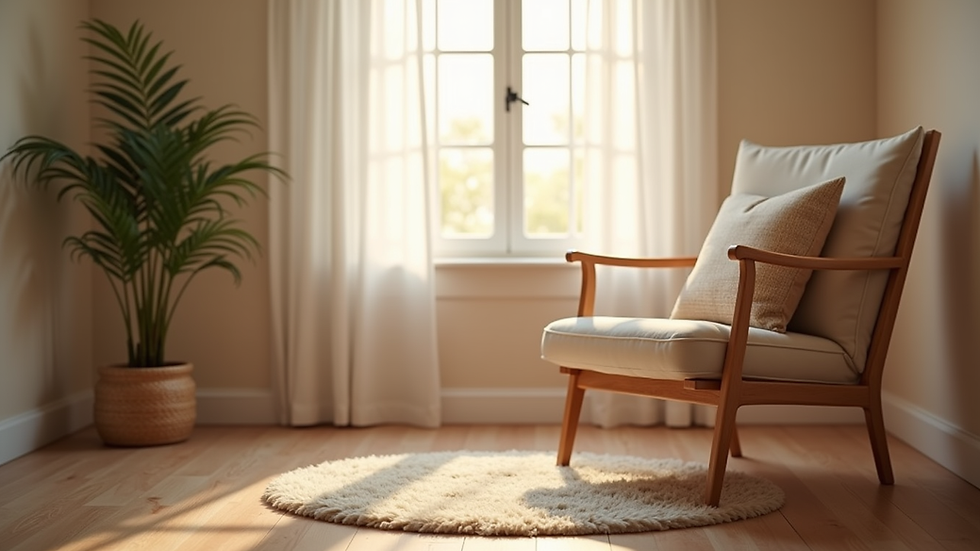 Eye-level view of a cozy therapy room with a comfortable chair and soft lighting