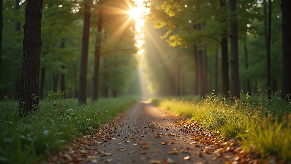 Eye-level view of a peaceful nature trail surrounded by trees