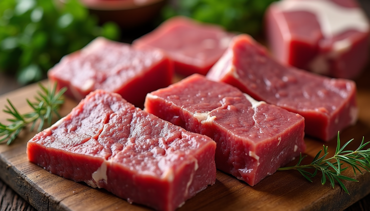 High angle view of various beef mince cuts labeled with fat content