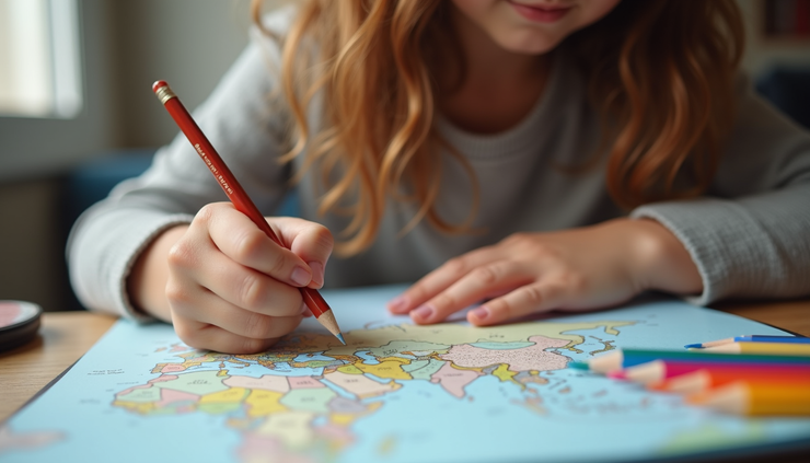 Close-up of a child drawing in a travel journal with colored pencils