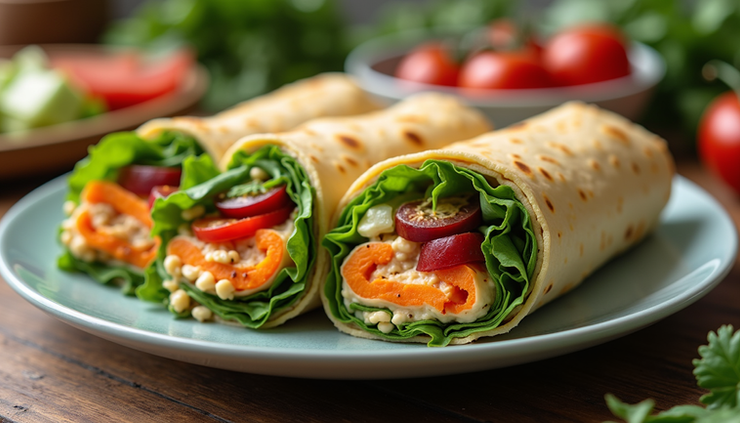 Close-up of a plate with colorful veggie wraps sliced into bite-sized pieces