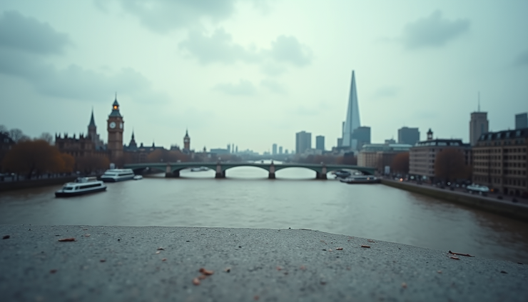 Eye-level view of a London cityscape with the River Thames and iconic landmarks