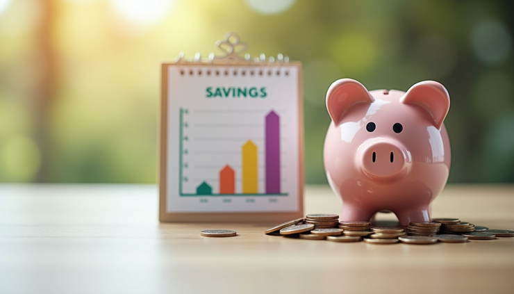 Close-up view of a child’s piggy bank filled with coins and a savings chart