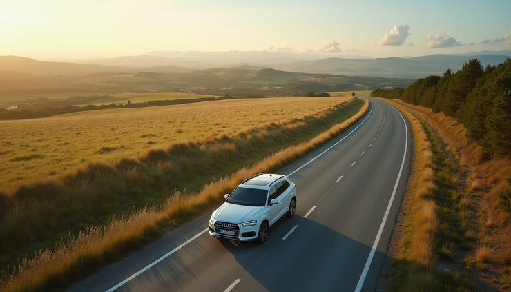 High angle view of a scenic countryside road with a rental car parked nearby