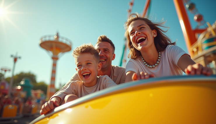 Eye-level view of a family enjoying a theme park ride