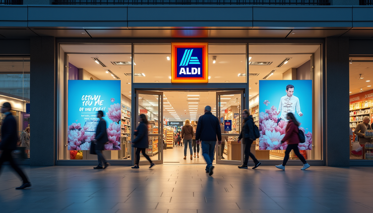 Eye-level view of Aldi UK store entrance with promotional banners