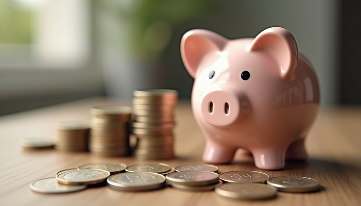 Eye-level view of a piggy bank with UK coins stacked beside it