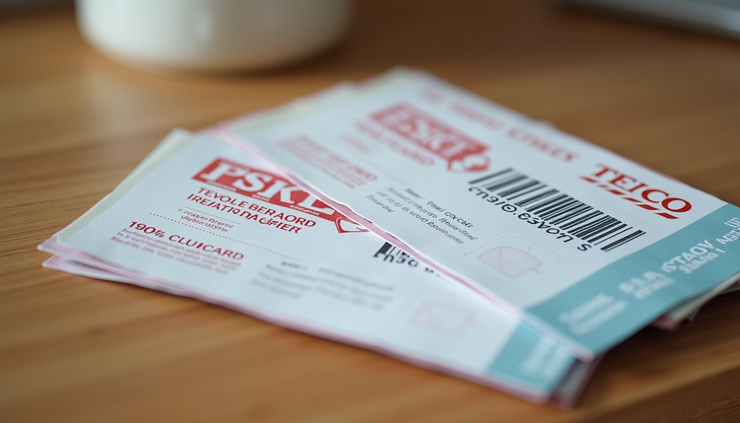 Close-up of Tesco Clubcard vouchers and discount coupons on a wooden table