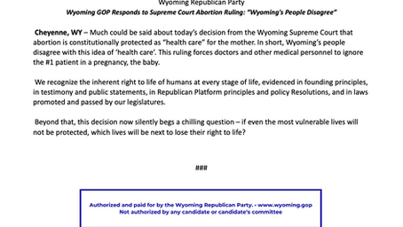 Press Release: Wyoming GOP Responds to Supreme Court Abortion Ruling: “Wyoming's People Disagree”