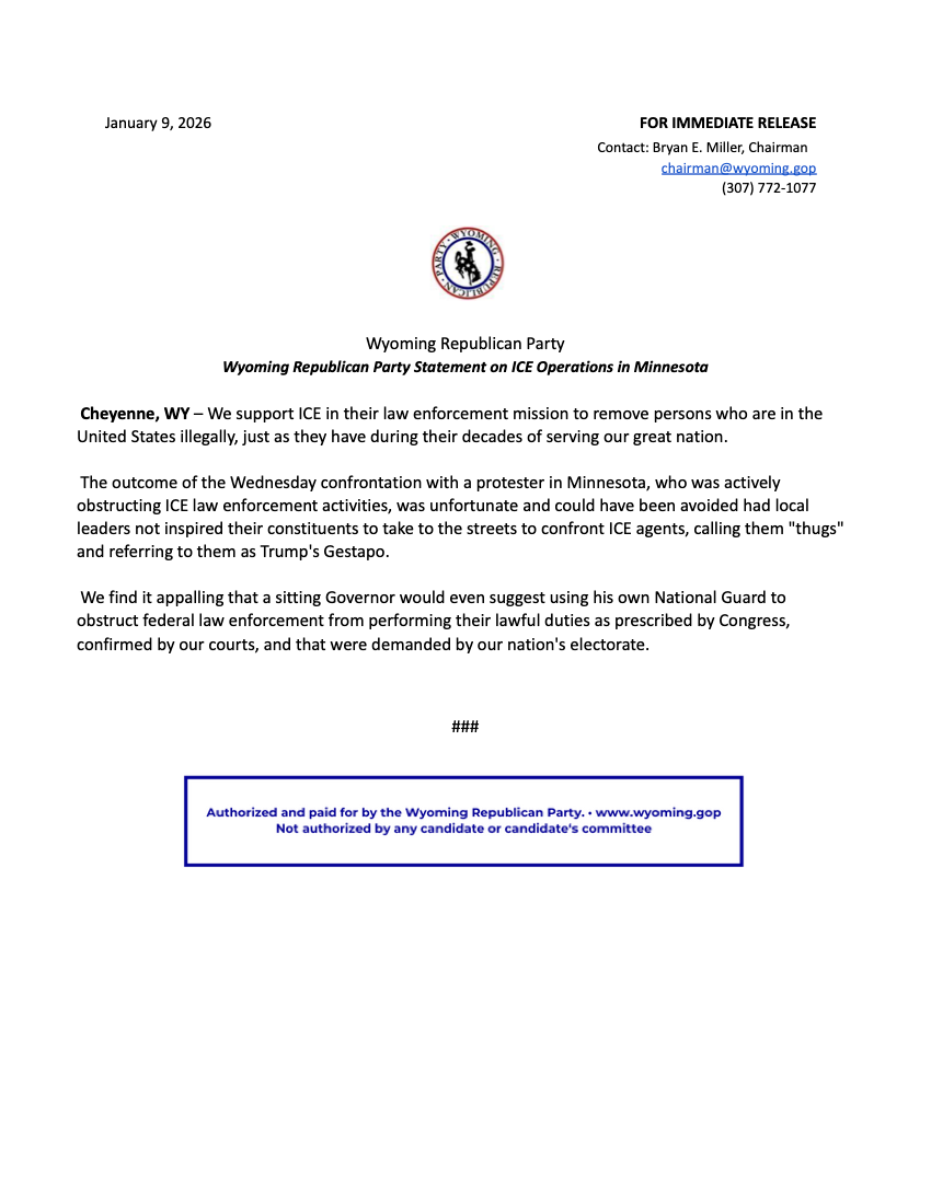 Press Release: Wyoming Republican Party Statement on ICE Operations in Minnesota