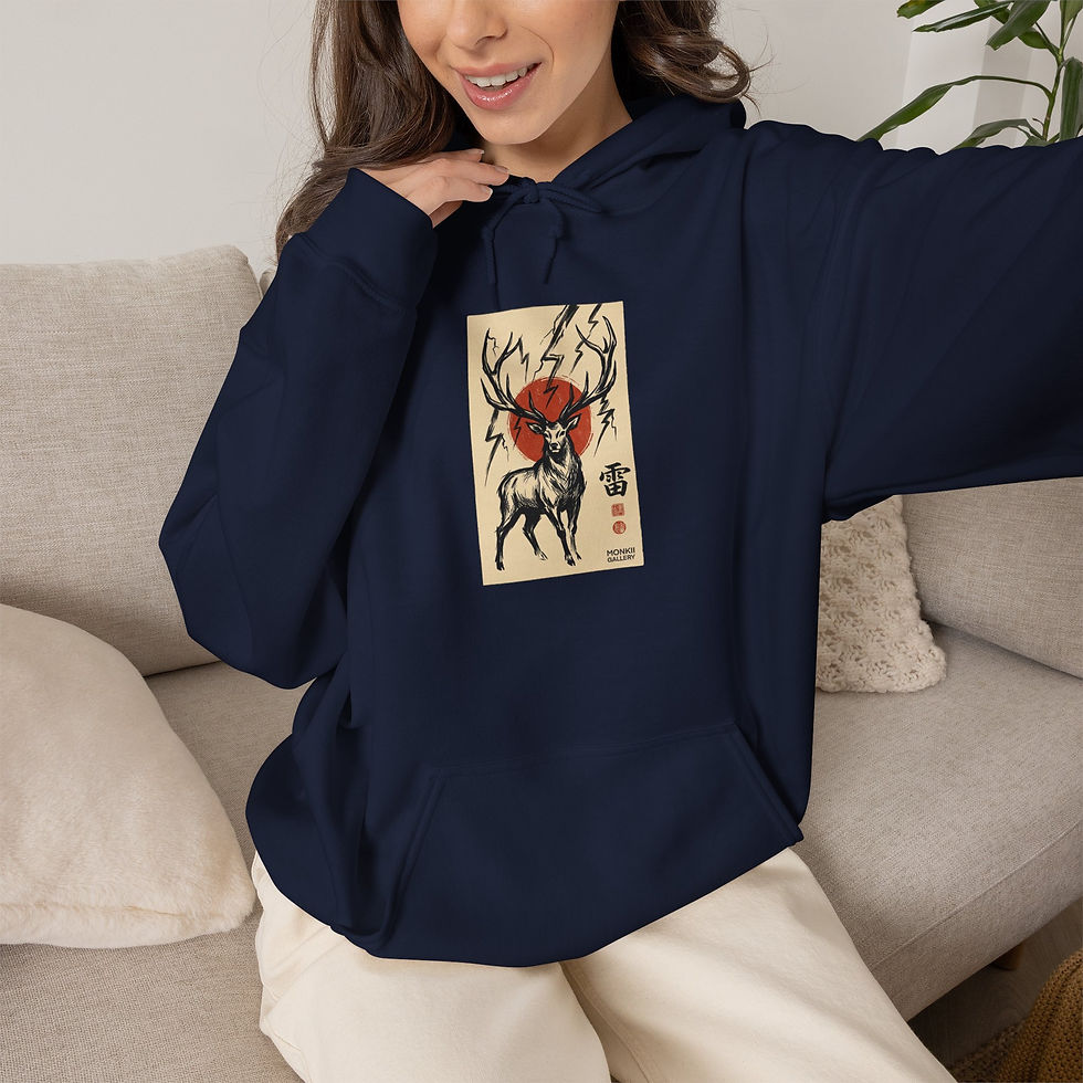 Thumbnail: Deer Spirit Hoodie — Japanese-Inspired Red Sun Stag Art Sweatshirt