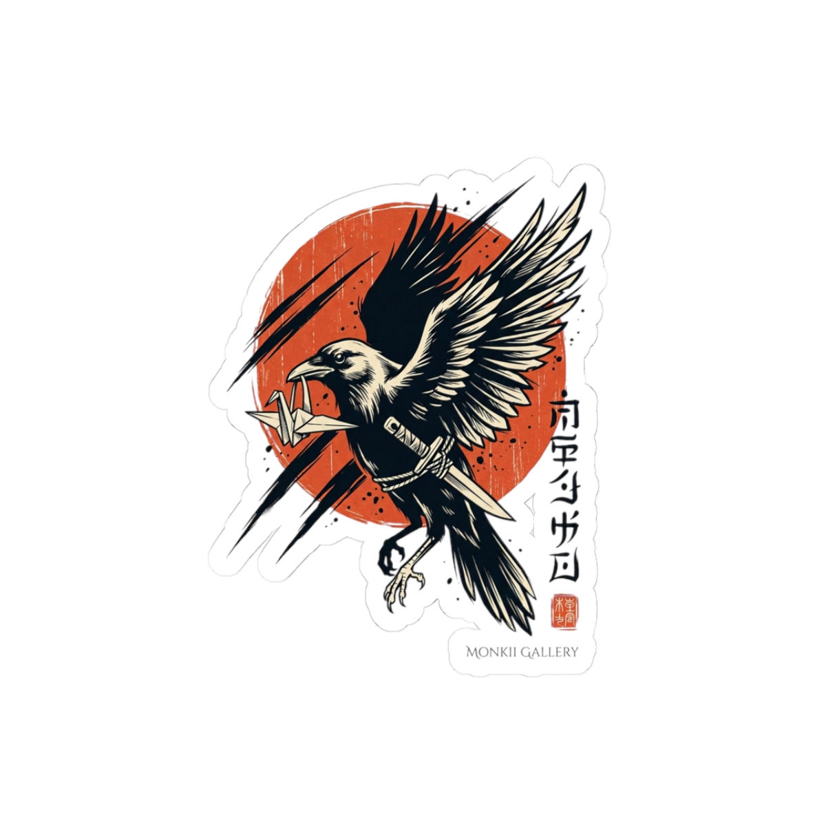 Raven Kiss-Cut Sticker — Japanese Red Sun Design