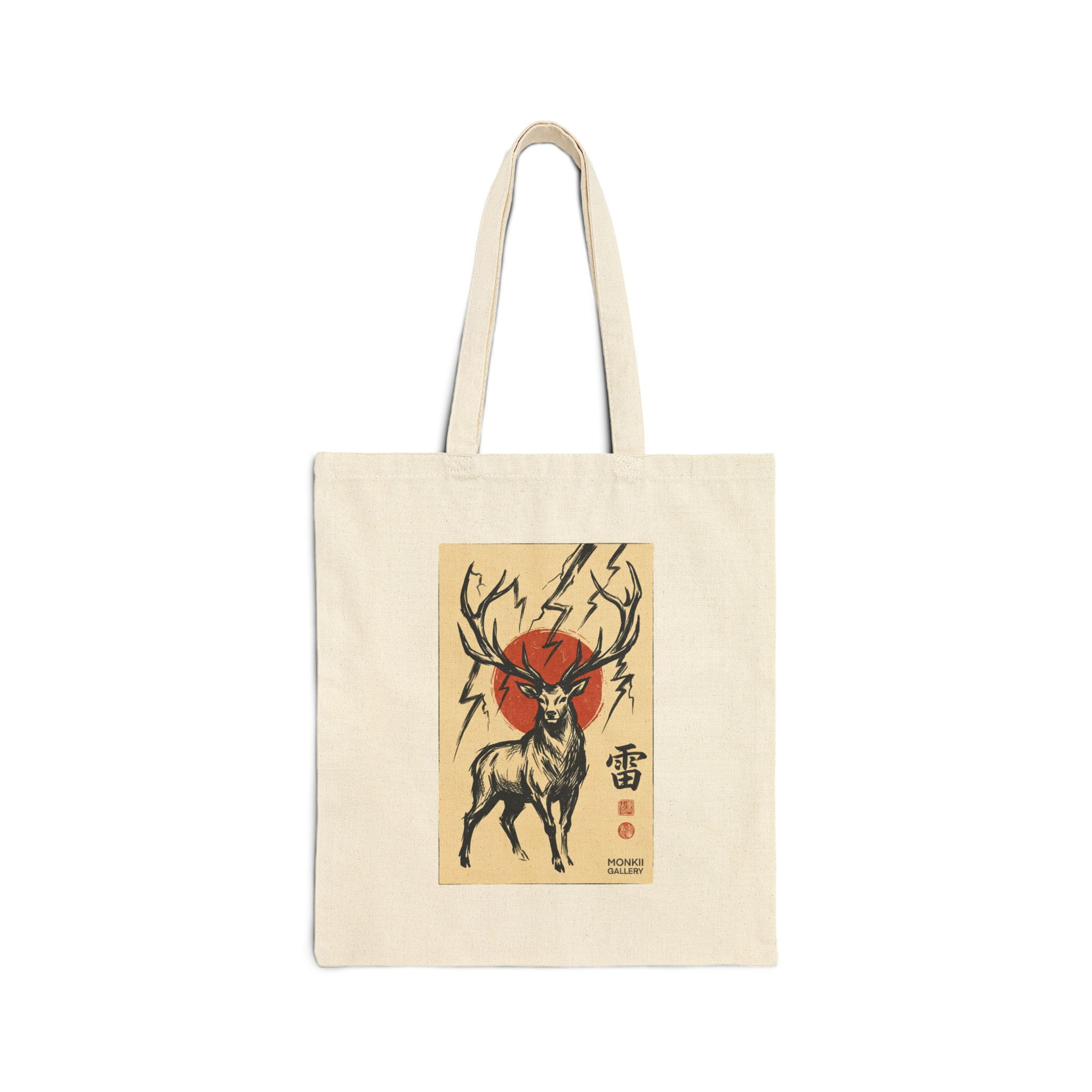 Canvas Tote Bag — Red Sun Deer Illustration (Vintage Japanese Ink Style)