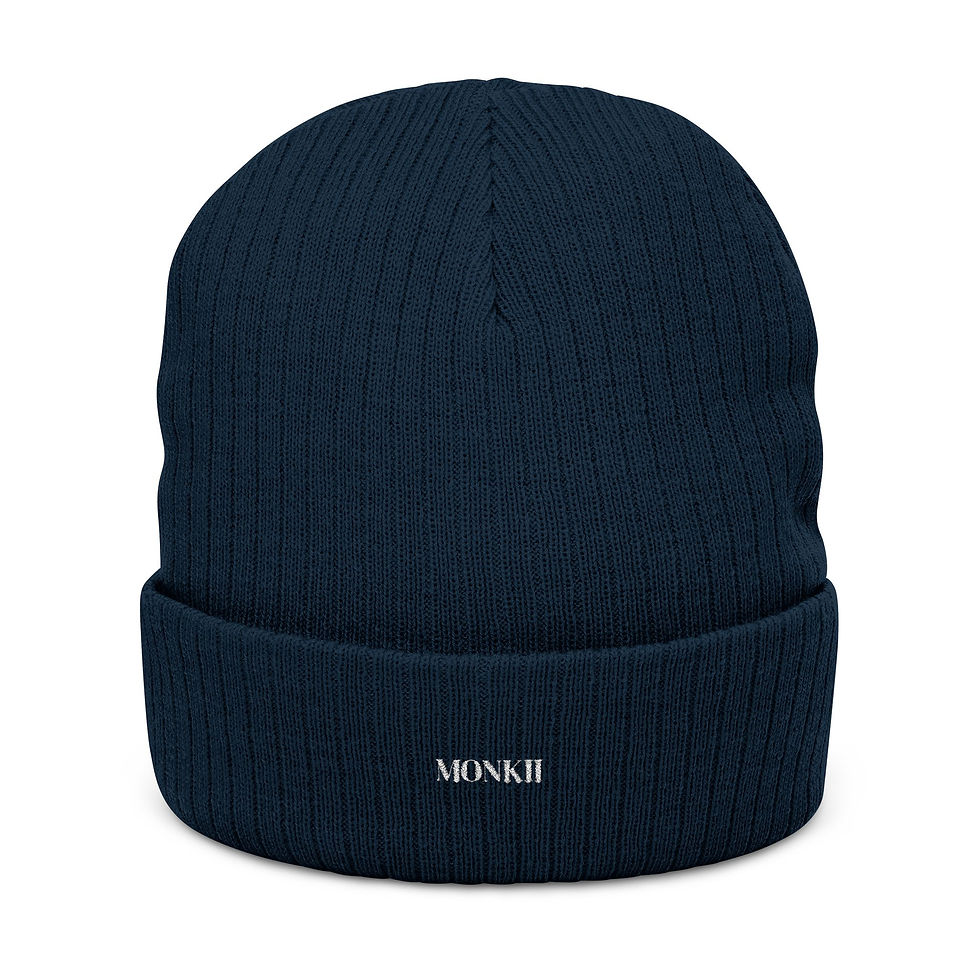Navy Embroidered Ribbed Knit Beanie – MONKII