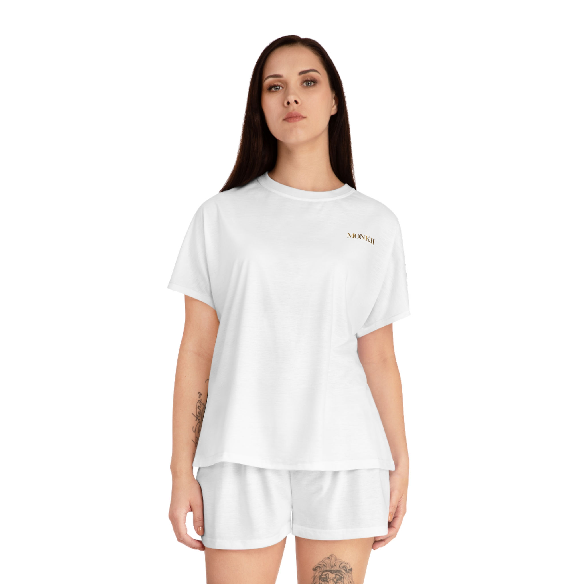 Women's Short White Pajama Set - Minimal Gold MONKII Logo | Lounge Sleepwear