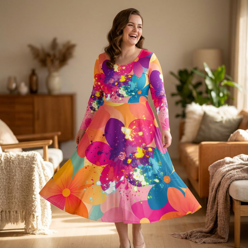 Floral Splash Long Sleeve Dance Dress — Bright Colorful Performance Dress