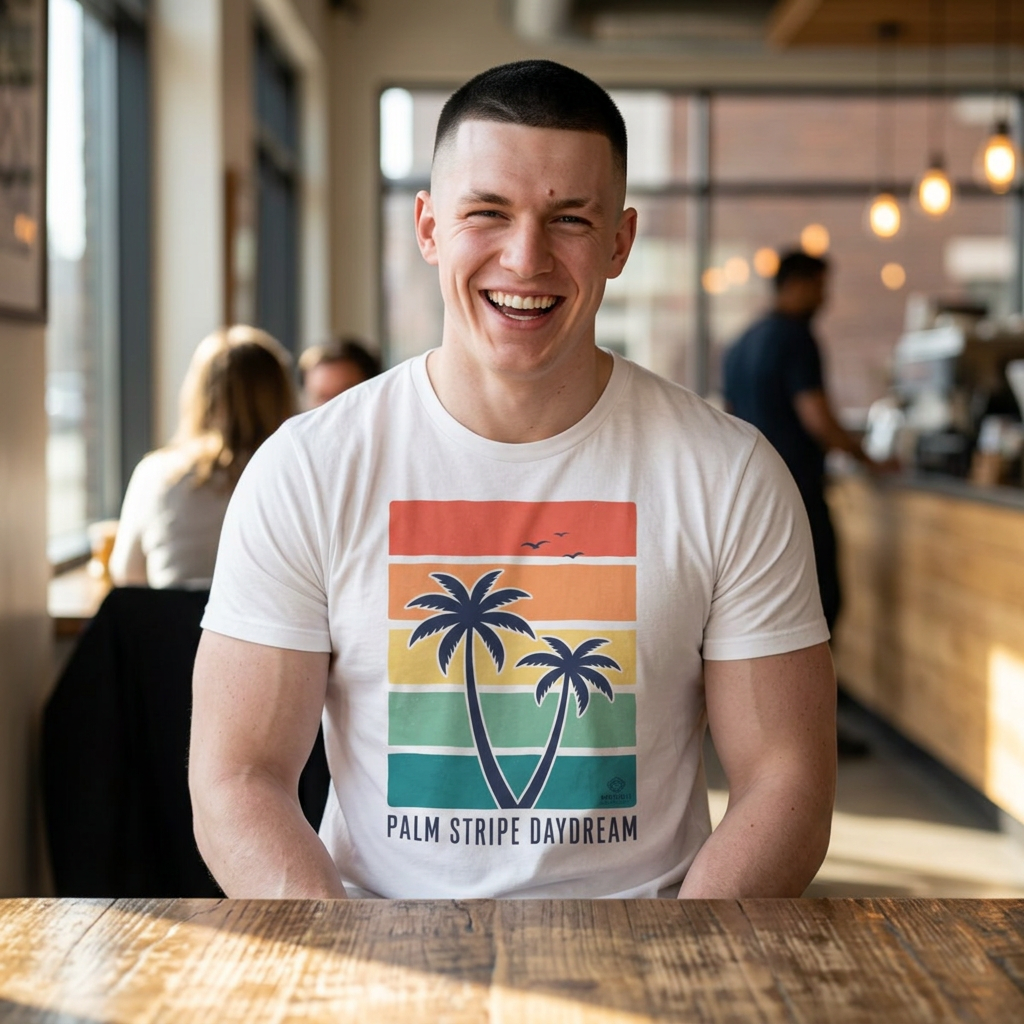Palm Stripe Daydream Tee | Retro Beach, Sunset Palms Graphic