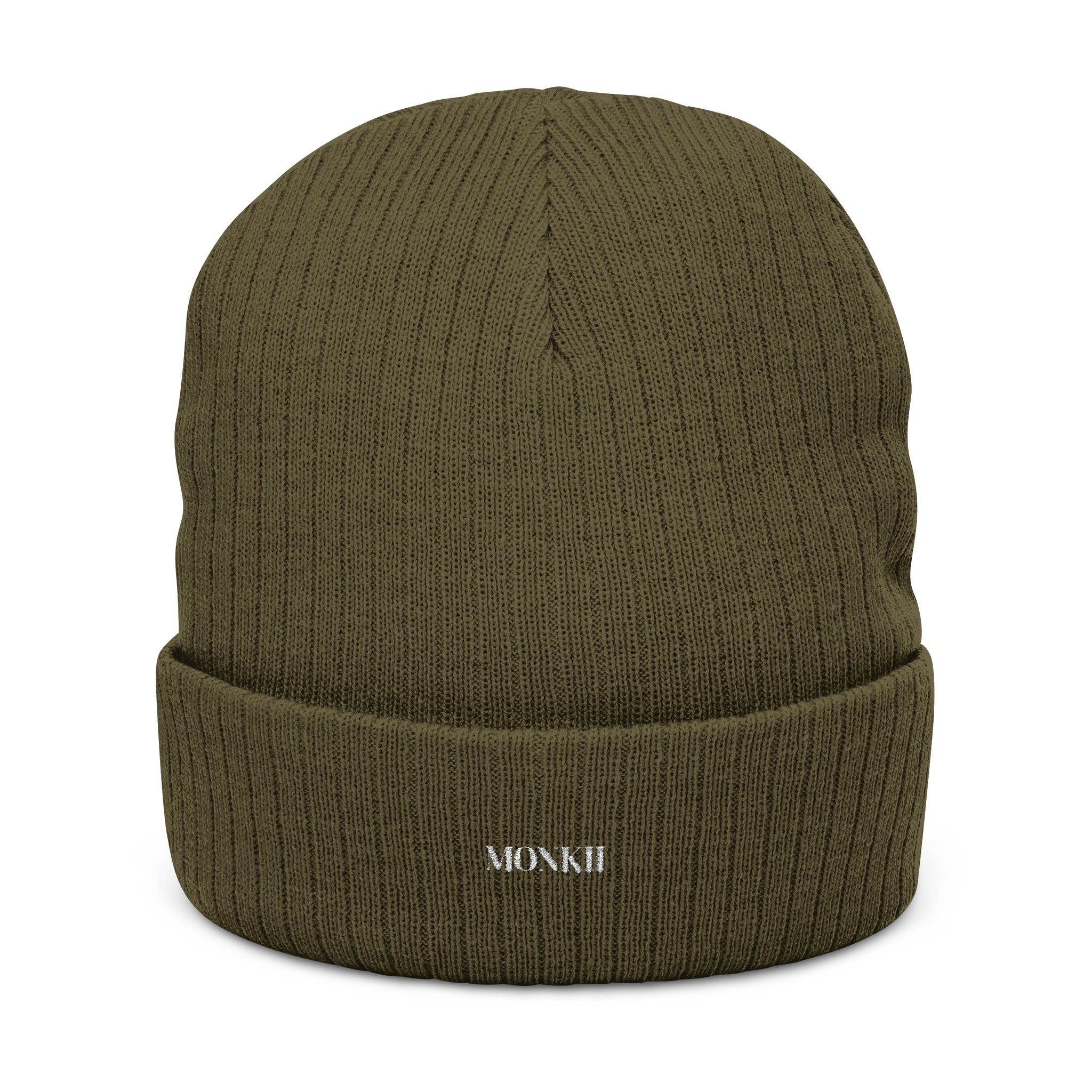 Olive Embroidered Ribbed Knit Beanie – MONKII