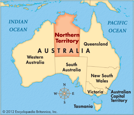 Map of Australia showing the different provinces with the Northern Territory highlighted