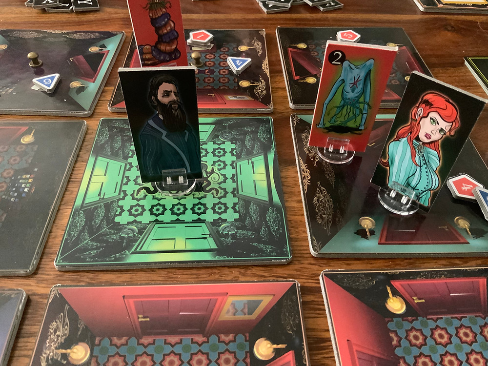 Further close up for standees from the Horror in the Library game on room tiles