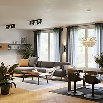 Warm living room with pendant lights over the sofa: Warm modern living room with an IKEA sofa and pendant lighting