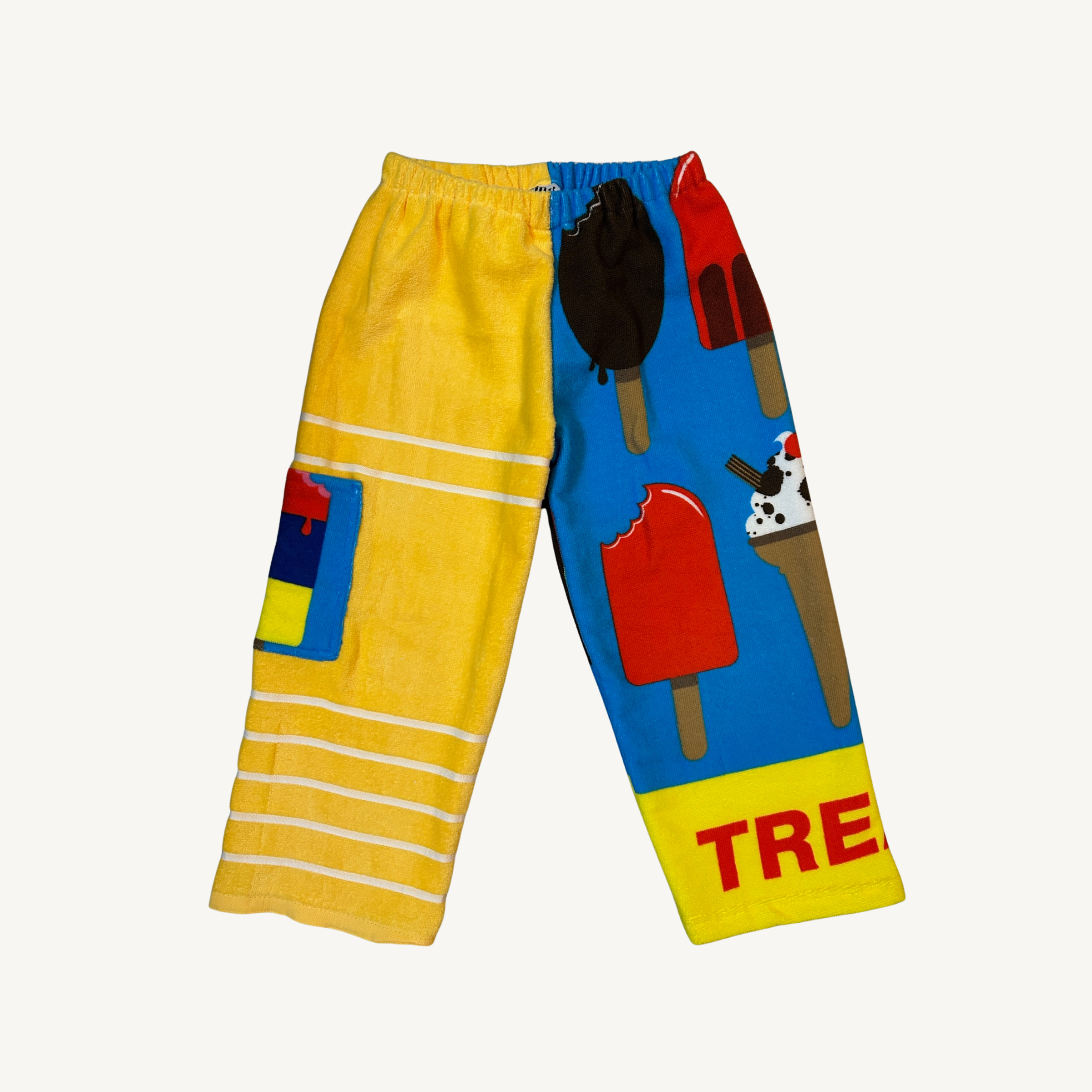 Handmade towel shorts. Bright playful design with yellow stripes, popsicle prints, and ice cream cones.