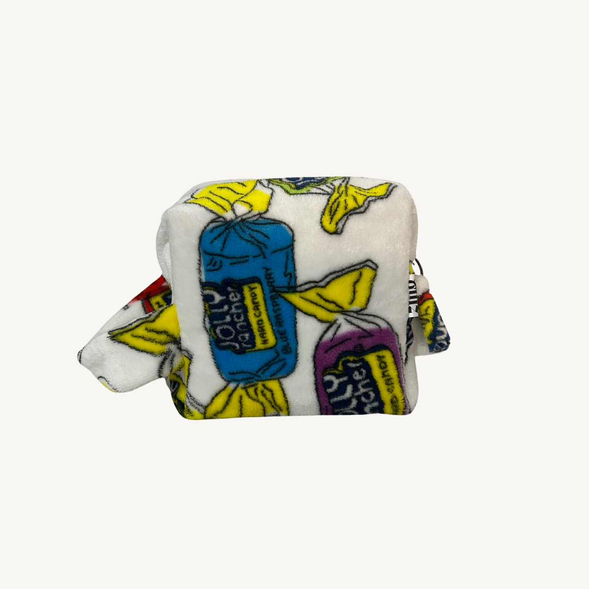 Jolly Rancher patterned box zipper pouch made from plush material.