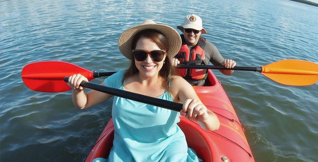 Couple kayaking on calm blue water with life jackets