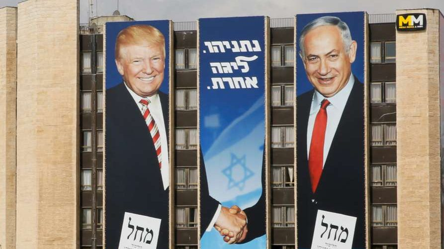 Giant posters of Trump and Netanyahu - hand in hand
