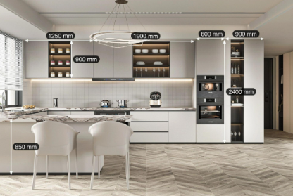 Kitchen with decorative frameless cabinets.