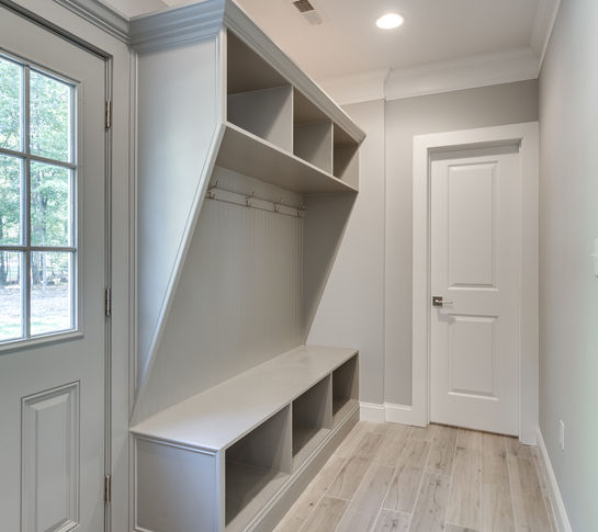 gray cabinet cubbies in new home