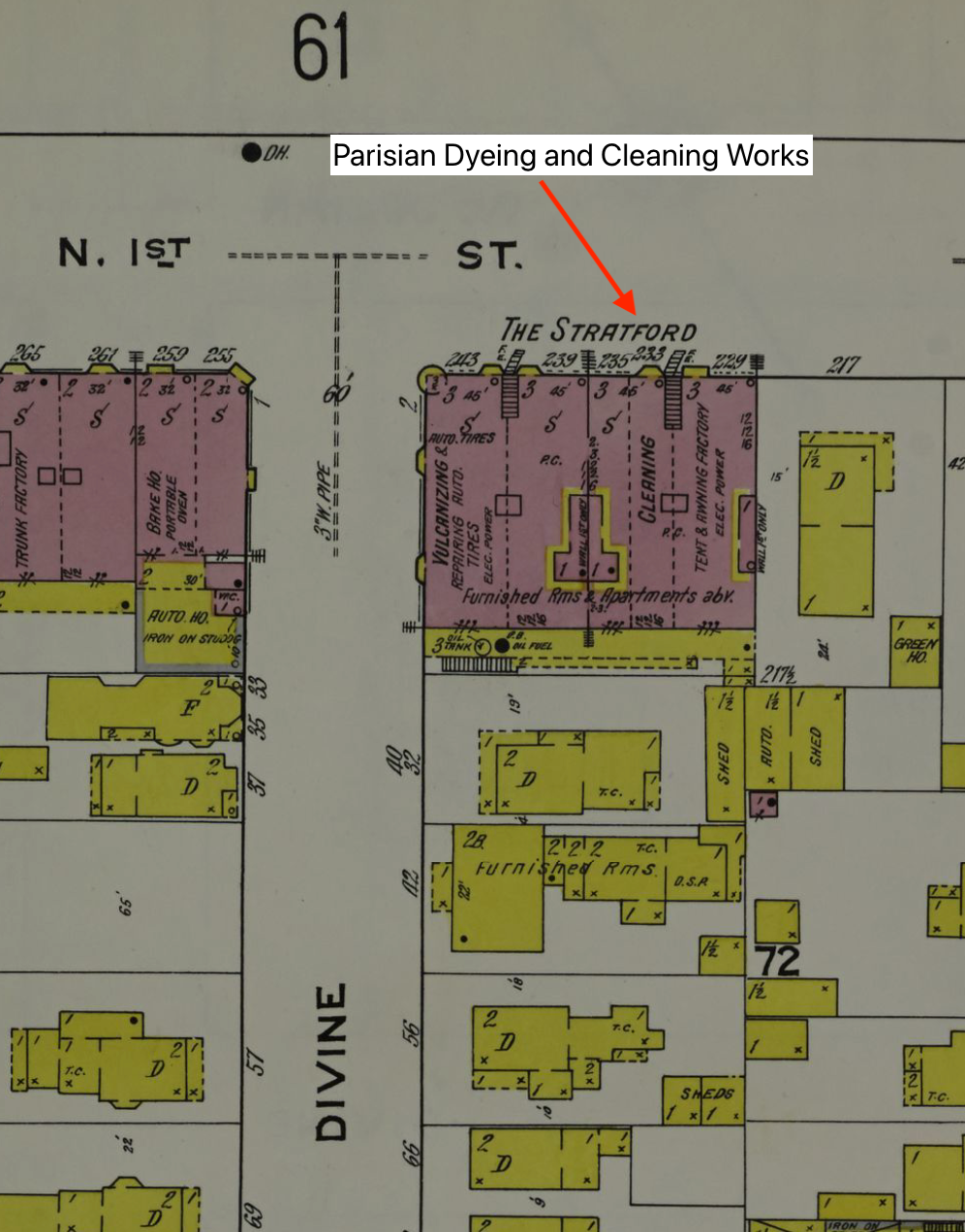 Sanborn Map of Parisian Dyeing and Cleaning Works and 1st and DeVine St