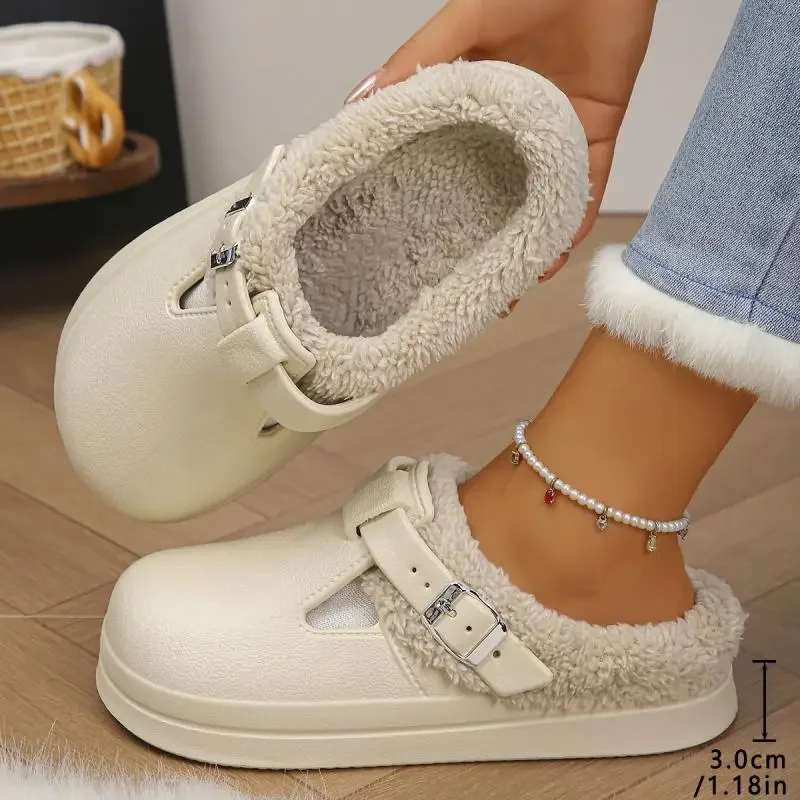 Waterproof Furry Mules Slippers with Metal Buckle