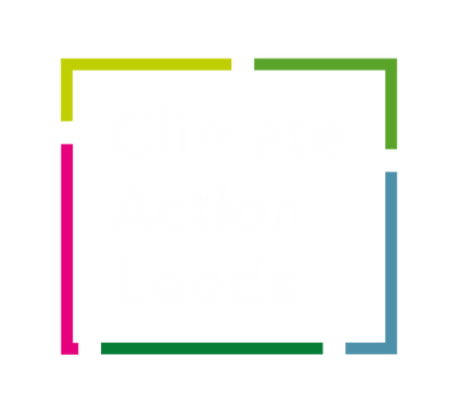 Climate Action Leeds Logo of 5 brightly coloured lines making up a square shape with the words Climate Action Leeds inside