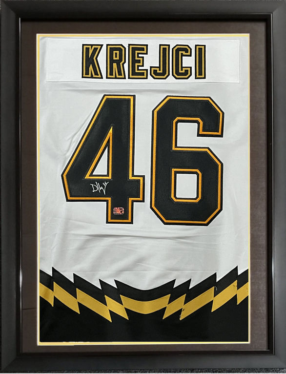 David Krejci Boston Bruins Signed FRAMED Retro White Jersey Swatch