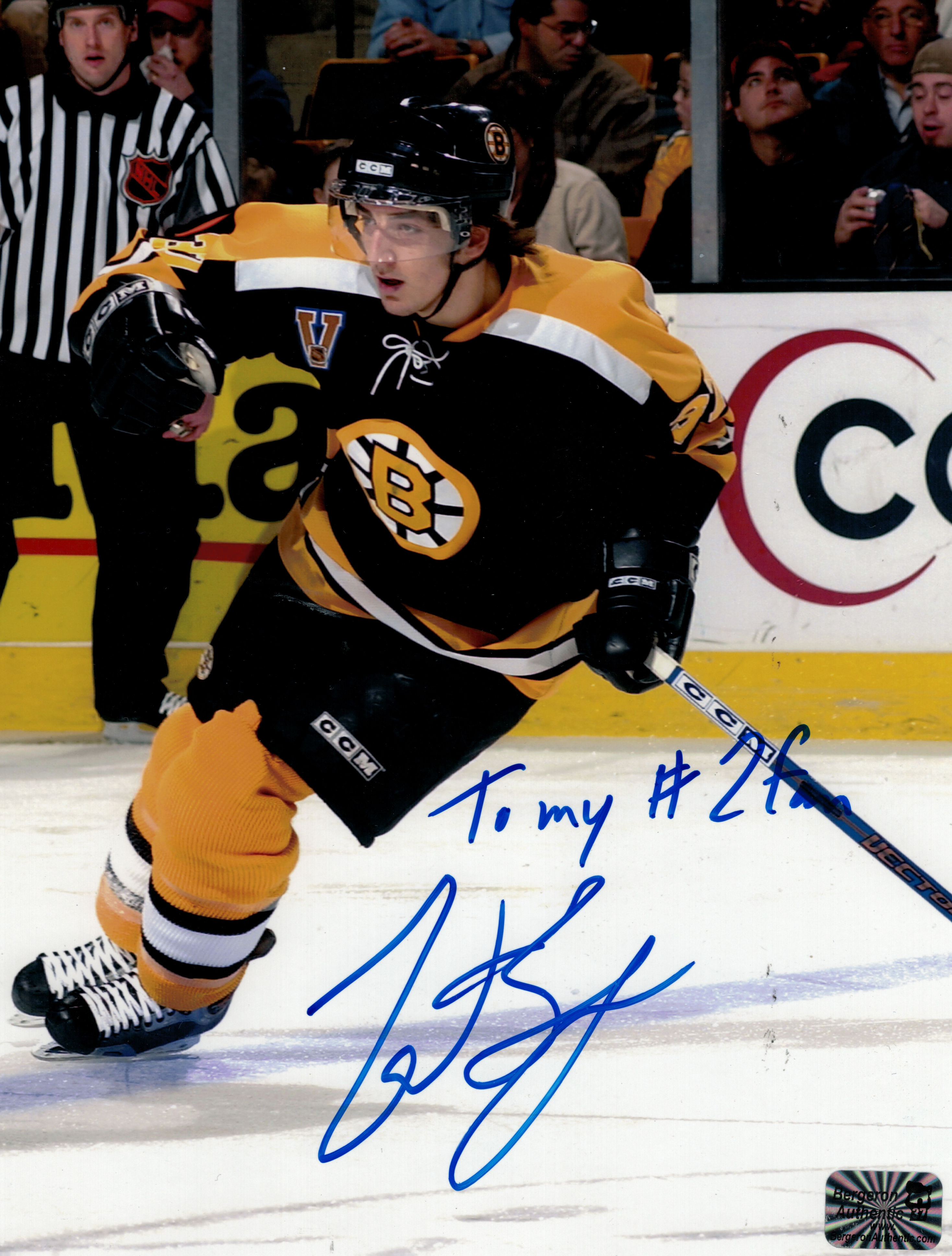 Patrice Bergeron Boston Bruins Signed 8x10 Photo "To My #2 Fan" COA