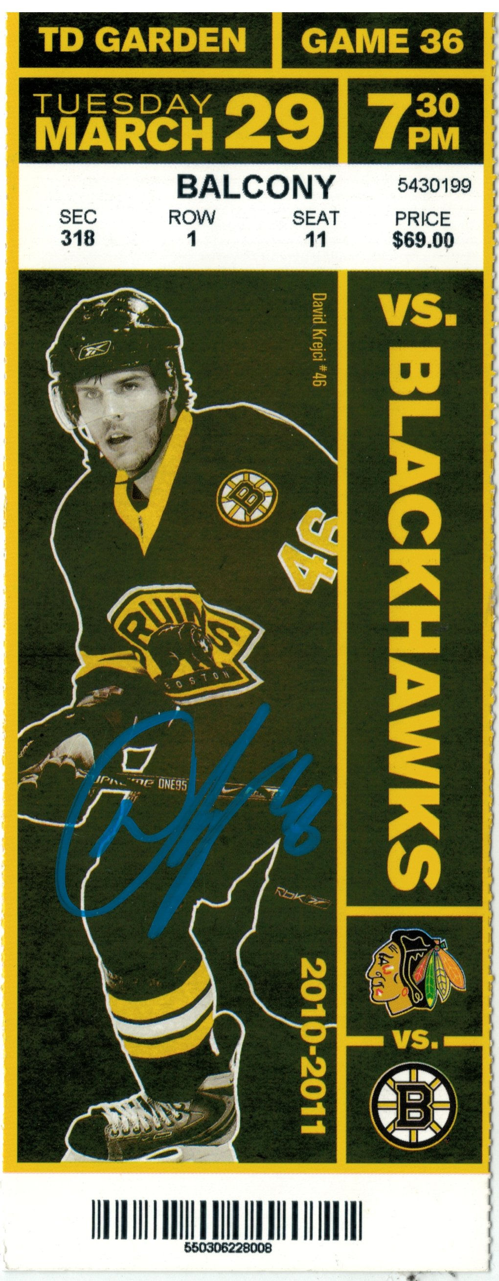 David Krejci Boston Bruins Signed Full Ticket 2011 vs Panthers COA