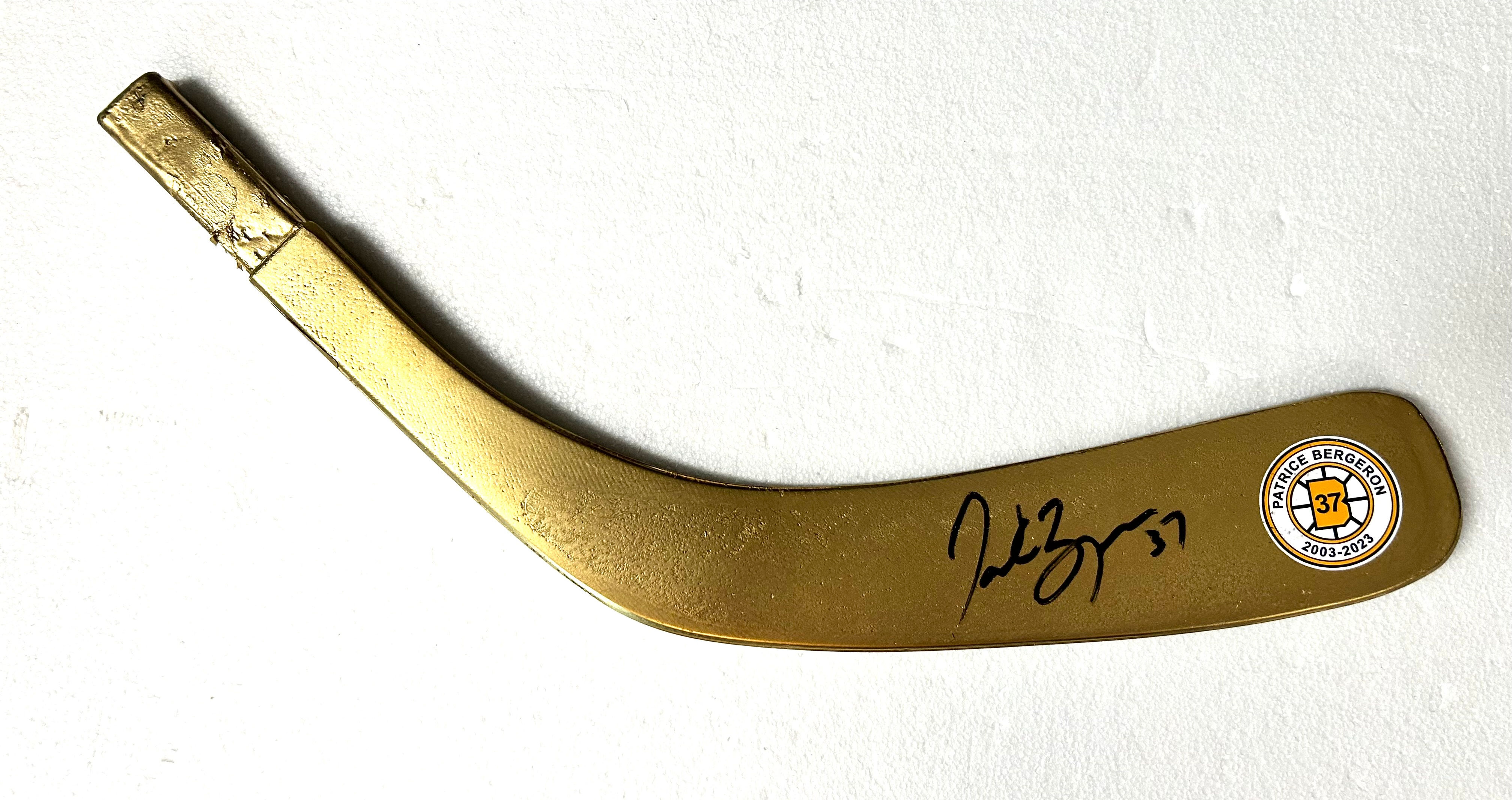 Patrice Bergeron Signed Boston Bruins Retirement Hockey Stick Blade (Gold) COA