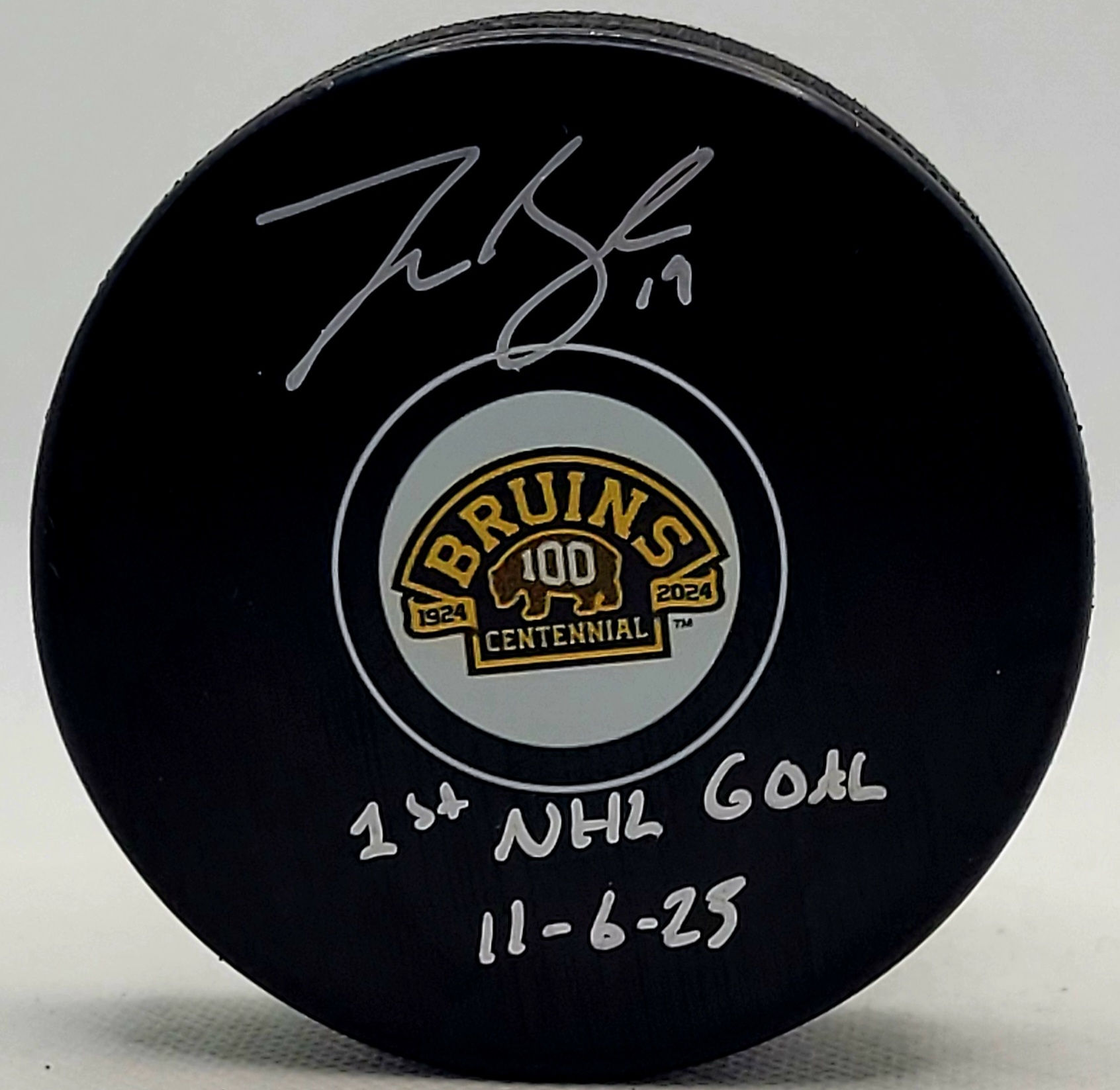 John Beecher Boston Bruins Signed 100th Centennial Puck '1st NHL Goal" COA